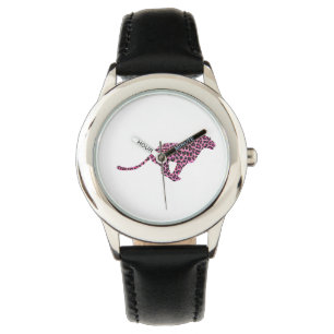 Leopard Schwarz und Hot Pink Drucksiloette Armbanduhr