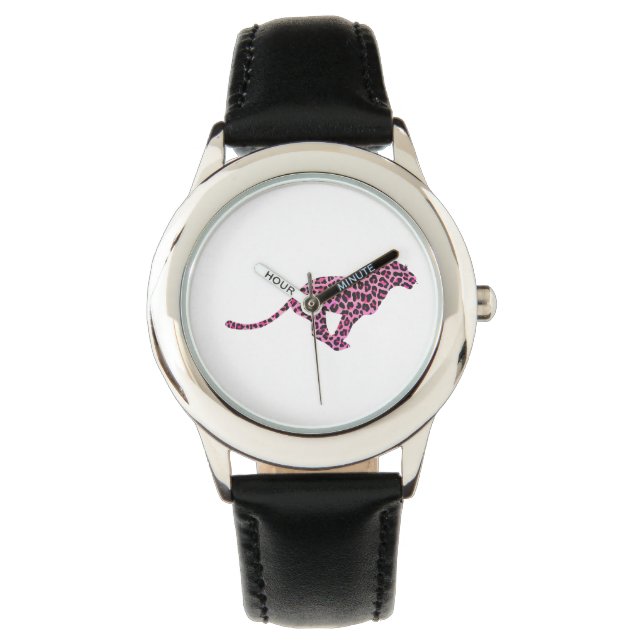 Leopard Schwarz und Hot Pink Drucksiloette Armbanduhr (Vorderseite)