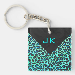 Leopard Schwarz und Türkis Druck Schlüsselanhänger