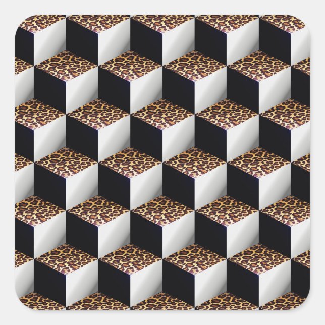 Leopard Schwarz-weiß Shaded 3D Look Cubes Quadratischer Aufkleber (Vorderseite)