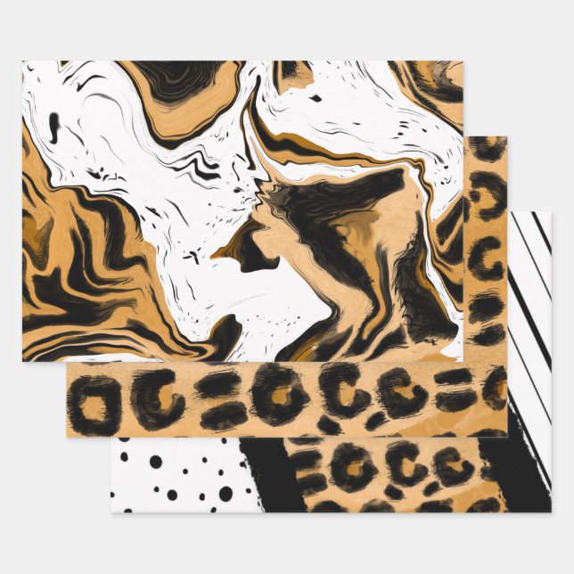 Leopard, schwarze und weiße Streifen und Polka-Pun Geschenkpapier Set (Set)