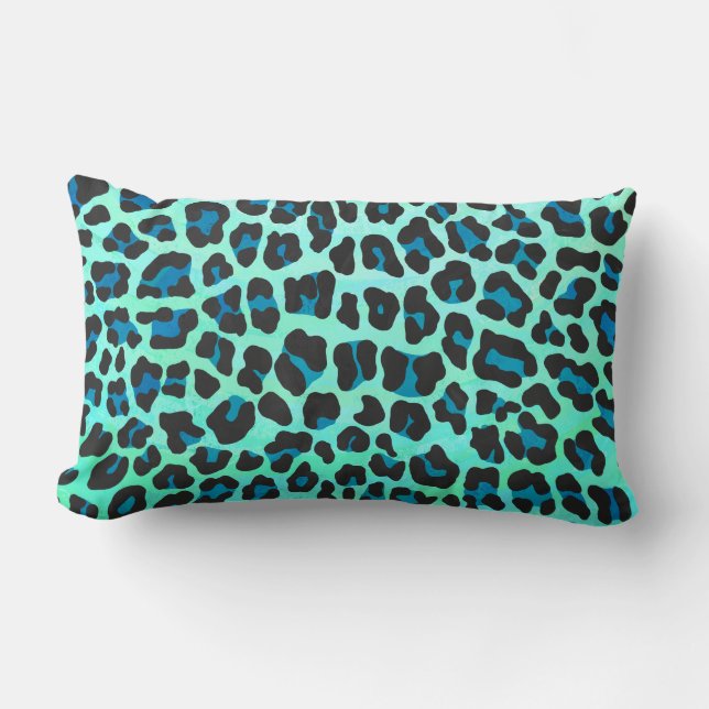 Leopard-schwarzer und aquamariner Druck Lendenkissen (Vorderseite)