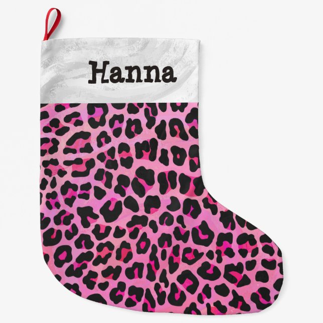 Leopard-Schwarzes und Pink Großer Weihnachtsstrumpf (Vorderseite)