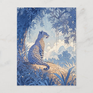 Leopard sitzt im nebligen Indigo-Aquarellwald Postkarte