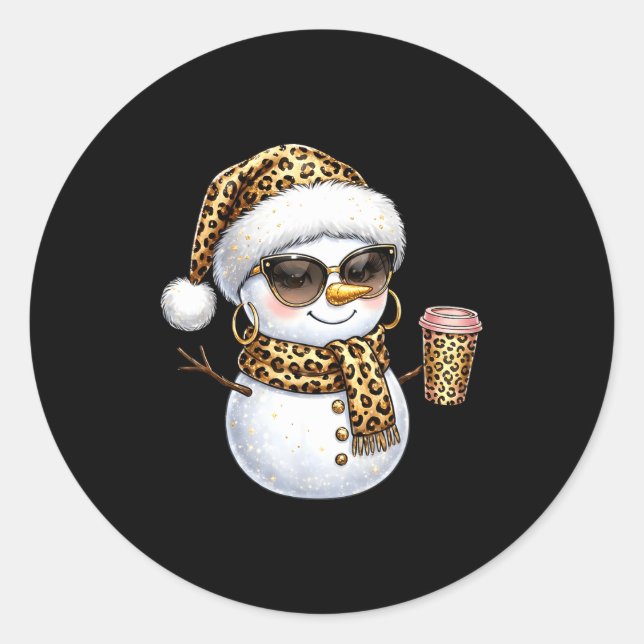 Leopard Snowman With Sungles Funny Christmas Women Runder Aufkleber (Vorderseite)