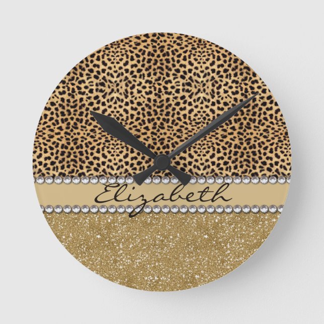 Leopard Spot Gold Glitter Rhinestone FOTO PRINT Runde Wanduhr (Vorderseite)