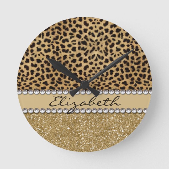 Leopard Spot Gold Glitter Rhinestone PHOTO PRINT Runde Wanduhr (Vorderseite)