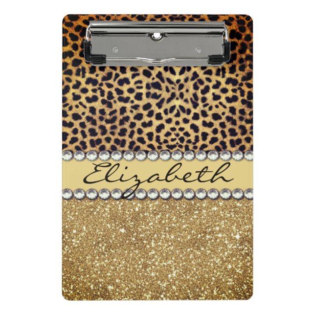 Leopard Spot Gold Glitzer Kristall Extravagant Mini Klemmbrett (Vorderseite)