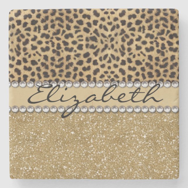 Leopard Spot Gold Glitzer Kristall FOTO PRINT Steinuntersetzer (Vorderseite)