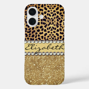 Leopard Spot Gold Glitzer Kristall personalisieren iPhone 16 Hülle