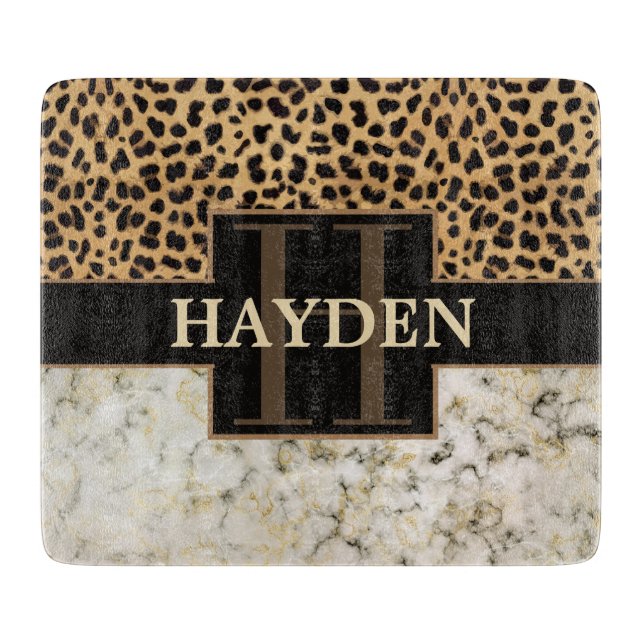 Leopard Spot Marmor Monogramm Name Schneidebrett (Vorderseite)