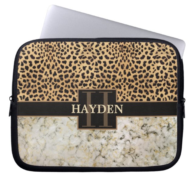 Leopard-Stellen-Marmor-Monogramm Laptopschutzhülle (Vorderseite)