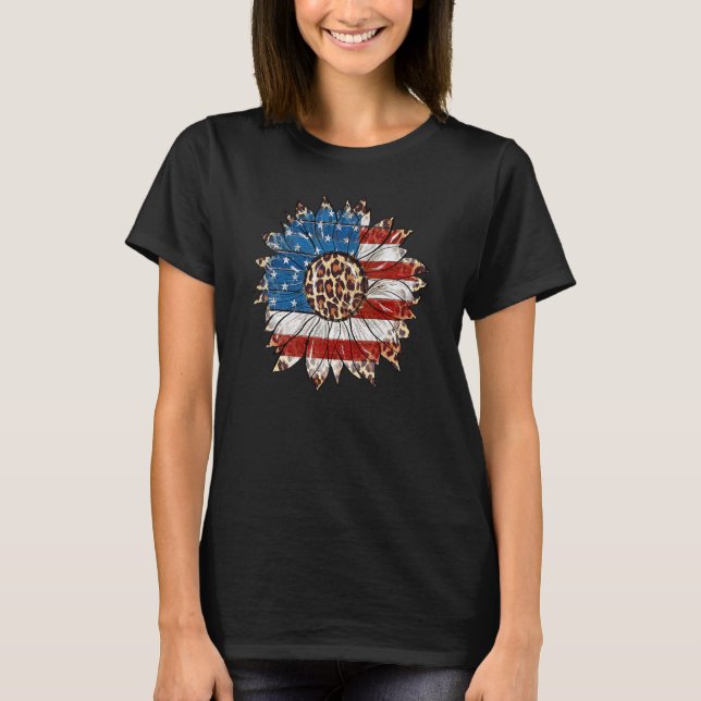 Leopard Sunflower American Flag Patriotic 4. J T-Shirt (Vorderseite)
