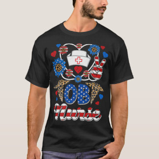 Leopard Sunflower OB Nurse American Flag Funny 4. T-Shirt