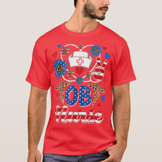Leopard Sunflower OB Nurse American Flag Funny 4. T-Shirt