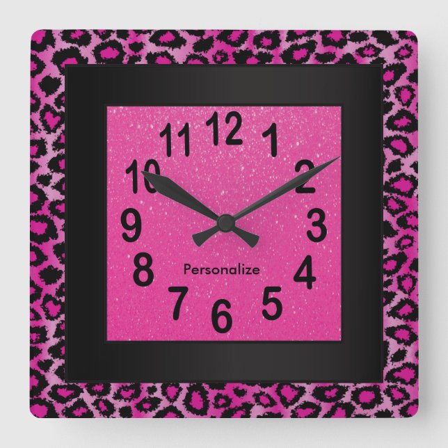 Leopard-Tierdruck mit Hot Rosa und Schwarz Quadratische Wanduhr (Vorderseite)