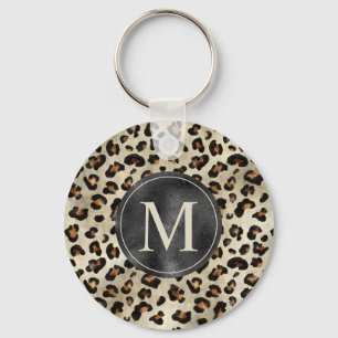 Leopard-Tierdruck mit schwarzem Faux-Folien-Monogr Schlüsselanhänger