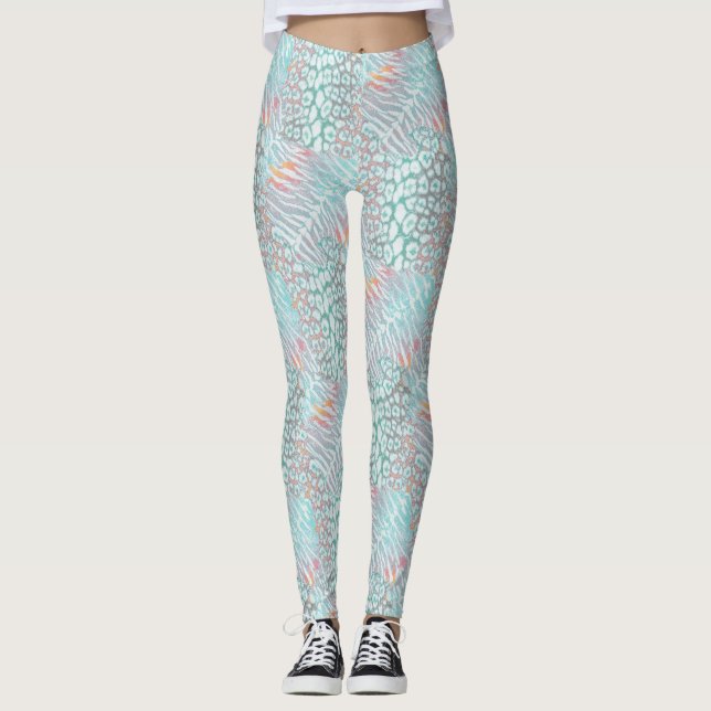 Leopard, Tiger, Haut, gepunktet, gestreift, Türkis Leggings (Vorderseite)