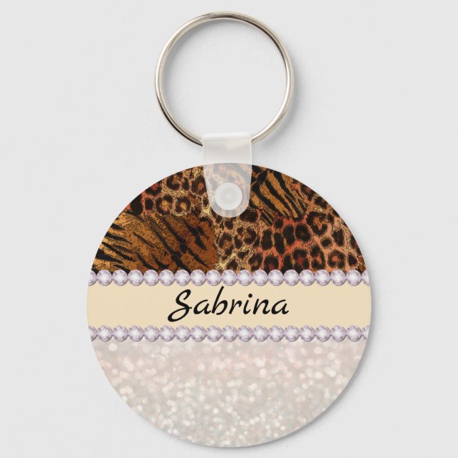Leopard-Tigerhaut - rosa Diamant-Glitzer-Kristalle Schlüsselanhänger (Vorderseite)