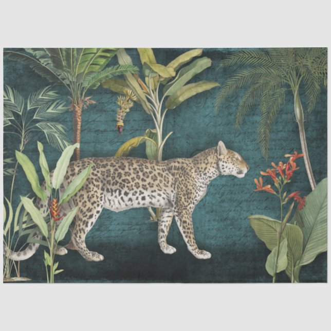 Leopard Tropical Floral n Foliage Aquamarin Decoup Seidenpapier (Vorderseite)