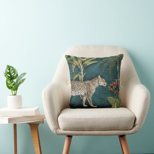 Leopard Tropical Floral n Foliage Dschungel Aquama Kissen (Stuhl )
