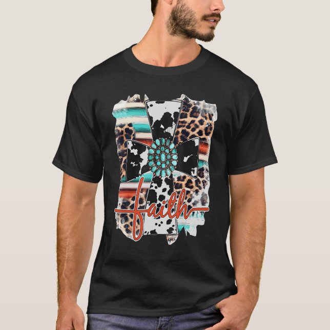 Leopard Türkis Jesus Cross Faith Christlich West T-Shirt (Vorderseite)