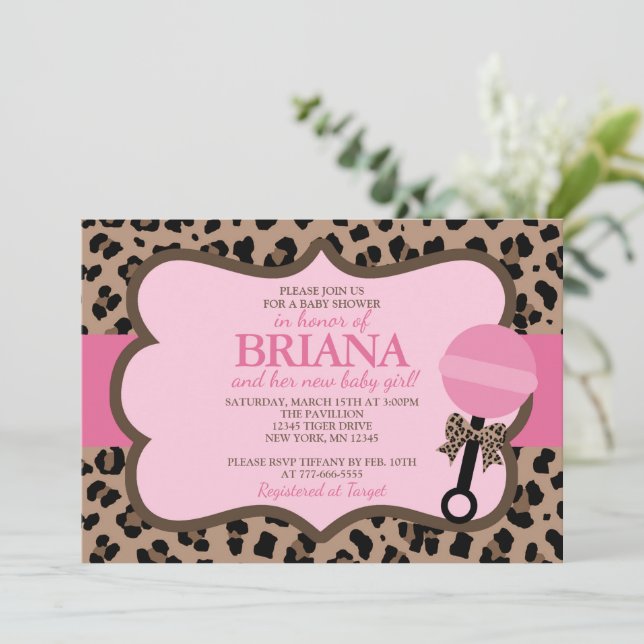 Leopard und Pink Baby Dusche Einladung (Stehend Vorderseite)