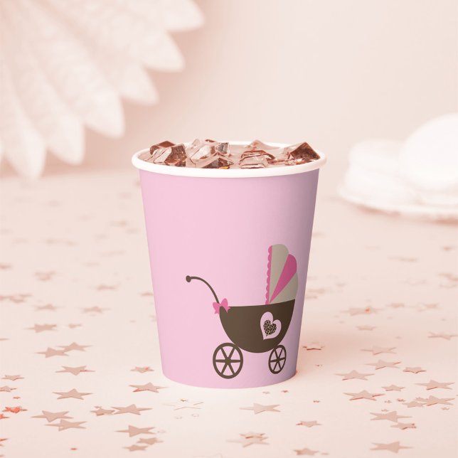 Leopard und Pink Baby Dusche Pappbecher (Leopard Baby Shower Paper Cups featuring an adorable baby stroller carriage)