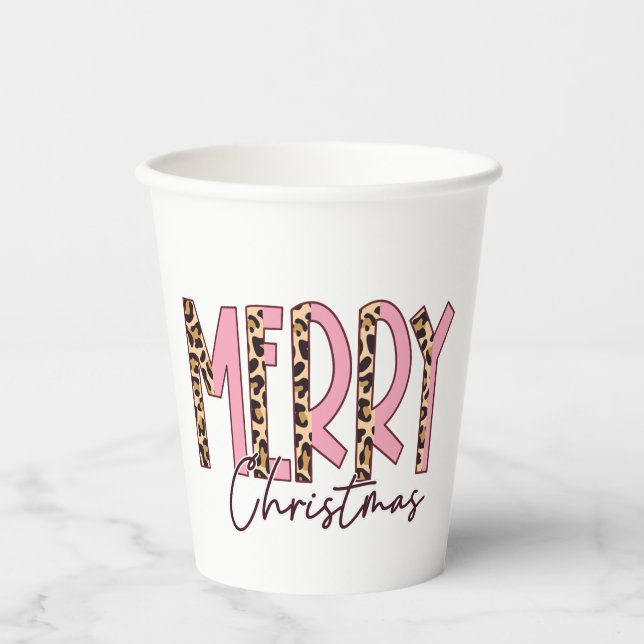 Leopard und Pink Frohe Weihnachten Pappbecher (Vorderseite)