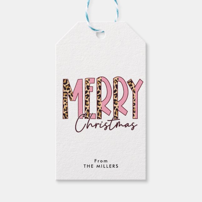 Leopard und rosa Buchstaben Muster Merry Xmas Geschenkanhänger (Vorderseite)