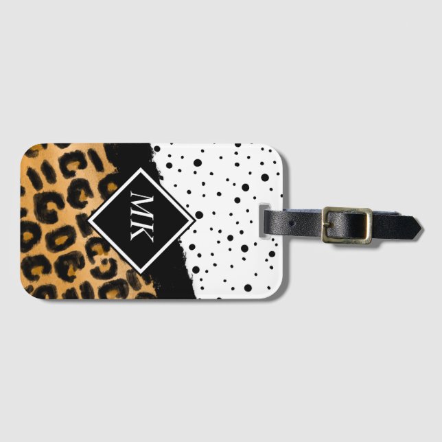 Leopard und Schwarz-Weiß-Polka-Punkte Mit Monogram Gepäckanhänger (Vorderseite (Horizontal))