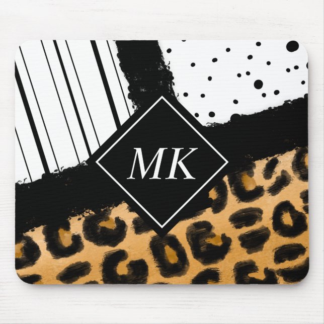 Leopard und Schwarz-Weiß-Polka-Punkte Mit Monogram Mousepad (Vorne)