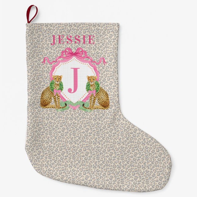 Leopard-Weihnachtskranz-Monogramm mit Namen Großer Weihnachtsstrumpf (Vorderseite)