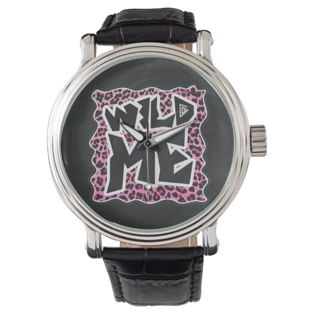 Leopard Wilde Me Schwarz und Hot Pink Design Armbanduhr (Vorderseite)