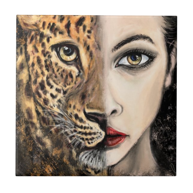 Leopard Woman Keramik Tile Fliese (Vorderseite)