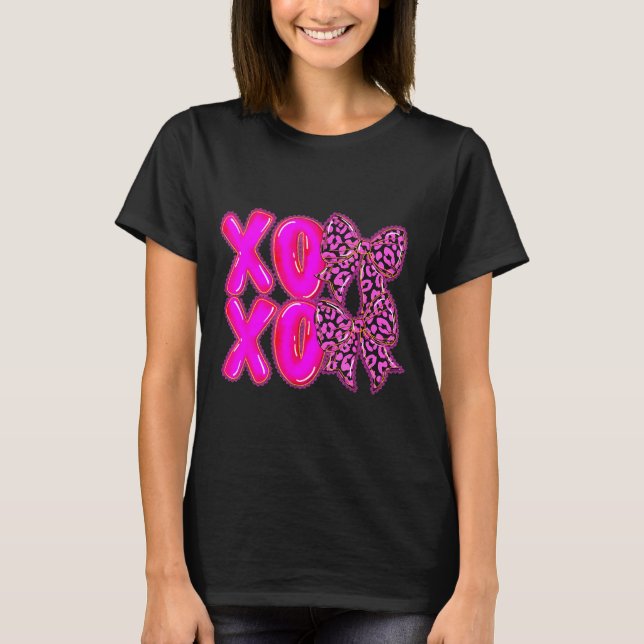 Leopard Xoxo Coquette Bow Hearts Valentine's Day W T-Shirt (Vorderseite)