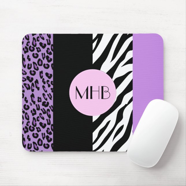 Leopard, Zebra, Tierdruck, Lila, Monogramm Mousepad (Mit Mouse)