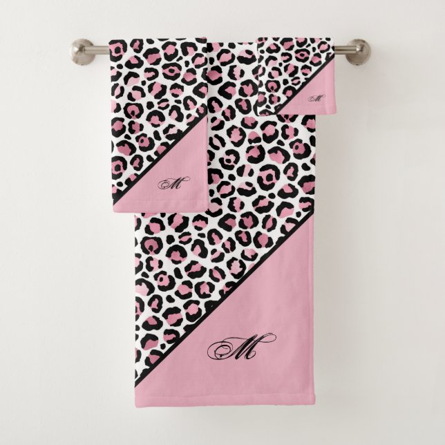 Leoparddruck in rosa weiß und schwarz mit Monogram Badhandtuch Set (Insitu)