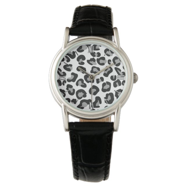 Leoparddruck in Schwarz und Weiß mit Grau/Grau Armbanduhr (Vorderseite)