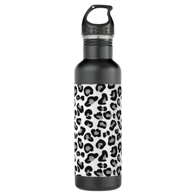 Leoparddruck in Schwarz und Weiß mit Grau/Grau Edelstahlflasche (Vorderseite)