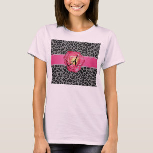 Leoparddruck-Rosa-Rose des Monogramms graue T-Shirt