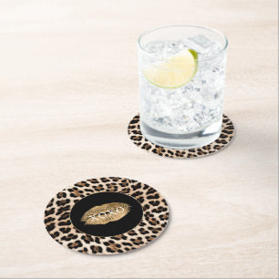Leoparden-Druck Goldene Lippen XOXO Runder Pappuntersetzer