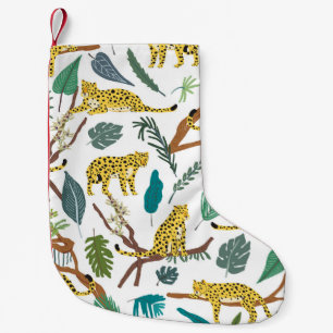 Leoparden im Dschungel, handgezeichnetes Muster. Kleiner Weihnachtsstrumpf