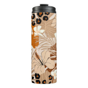 Leoparden tropische Blätter Hibiskus Blume nahtlos Thermosbecher