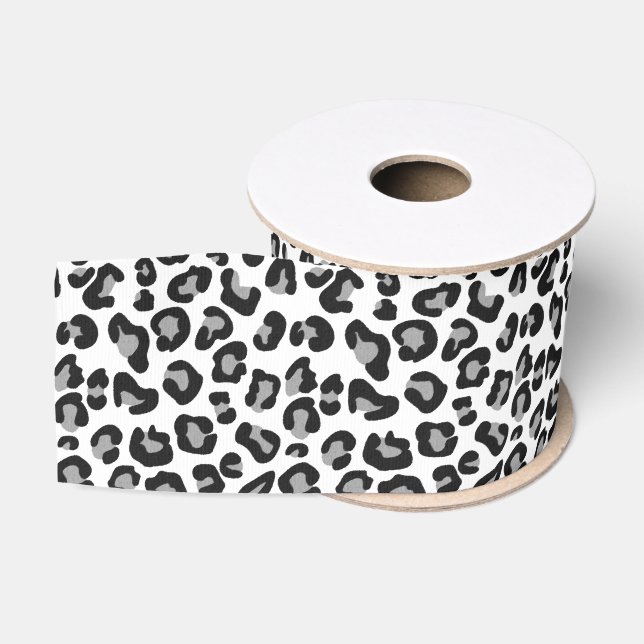 Leopardendruck in Schwarz und Weiß mit Grau / Grau Ripsband (Spule)