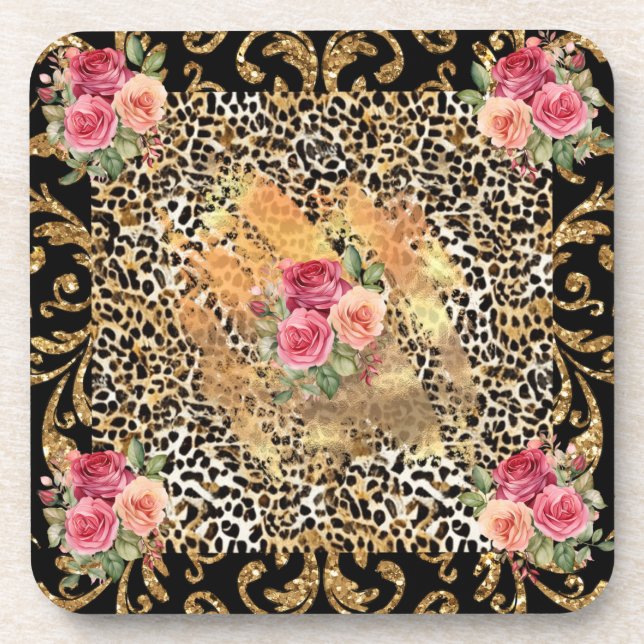 Leopardendruck mit Rose und vergoldetem Glitzer Getränkeuntersetzer (Vorderseite)