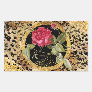 Leopardendruck mit Rose und vergoldetem Glitzer Rechteckiger Aufkleber