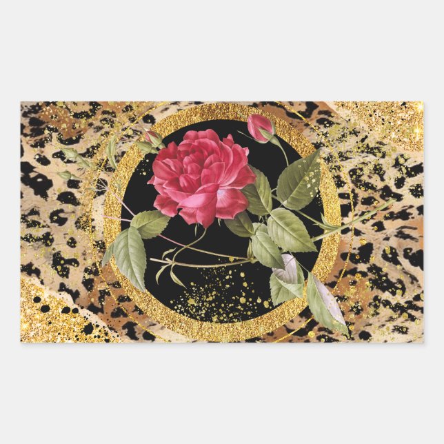 Leopardendruck mit Rose und vergoldetem Glitzer Rechteckiger Aufkleber (Vorderseite)
