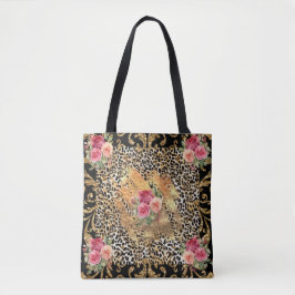 Leopardendruck mit Rose und vergoldetem Glitzer Tasche