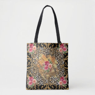 Leopardendruck mit Rose und vergoldetem Glitzer Tasche